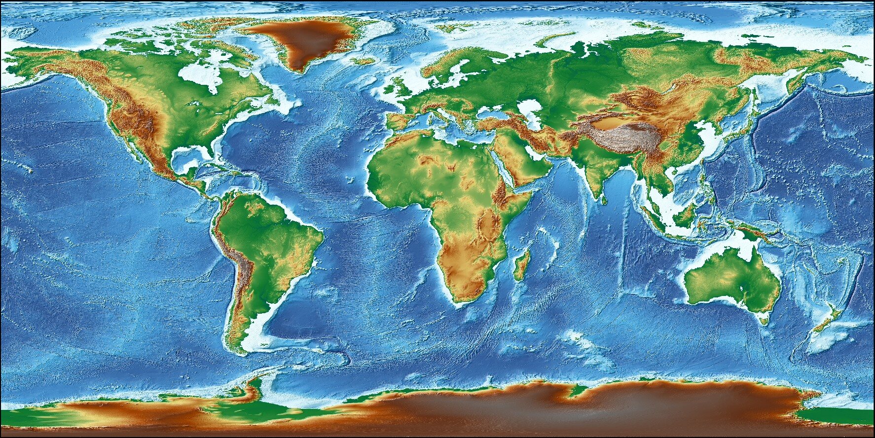 World shaded-relief map showing continents, mountain belts, plains, and ocean-floor structure